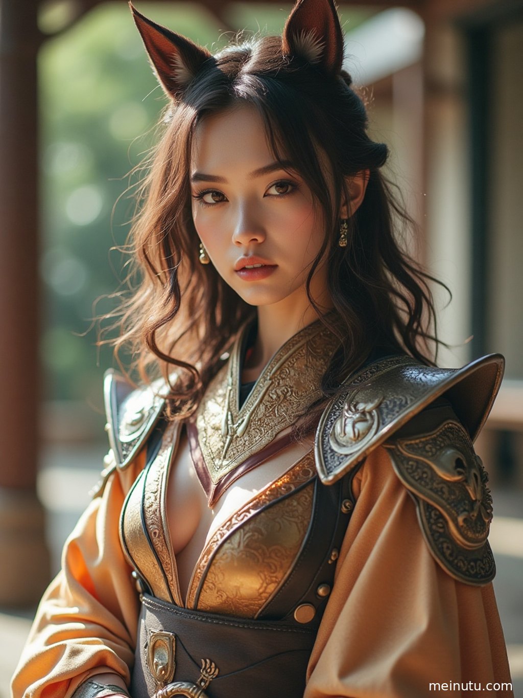 A side-facing adult woman in a character-inspired outfit is outlined by golden side light, creating a graceful cosplay portrait.