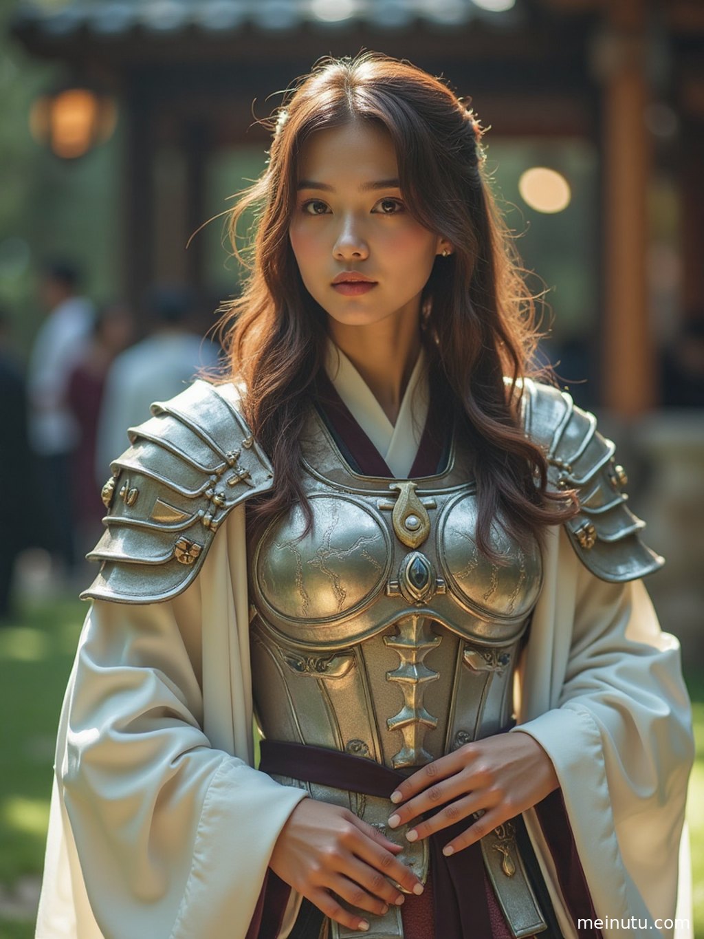 A full-body cosplay photo showcases detailed costume design and an elegant pose against a warm dusk background.