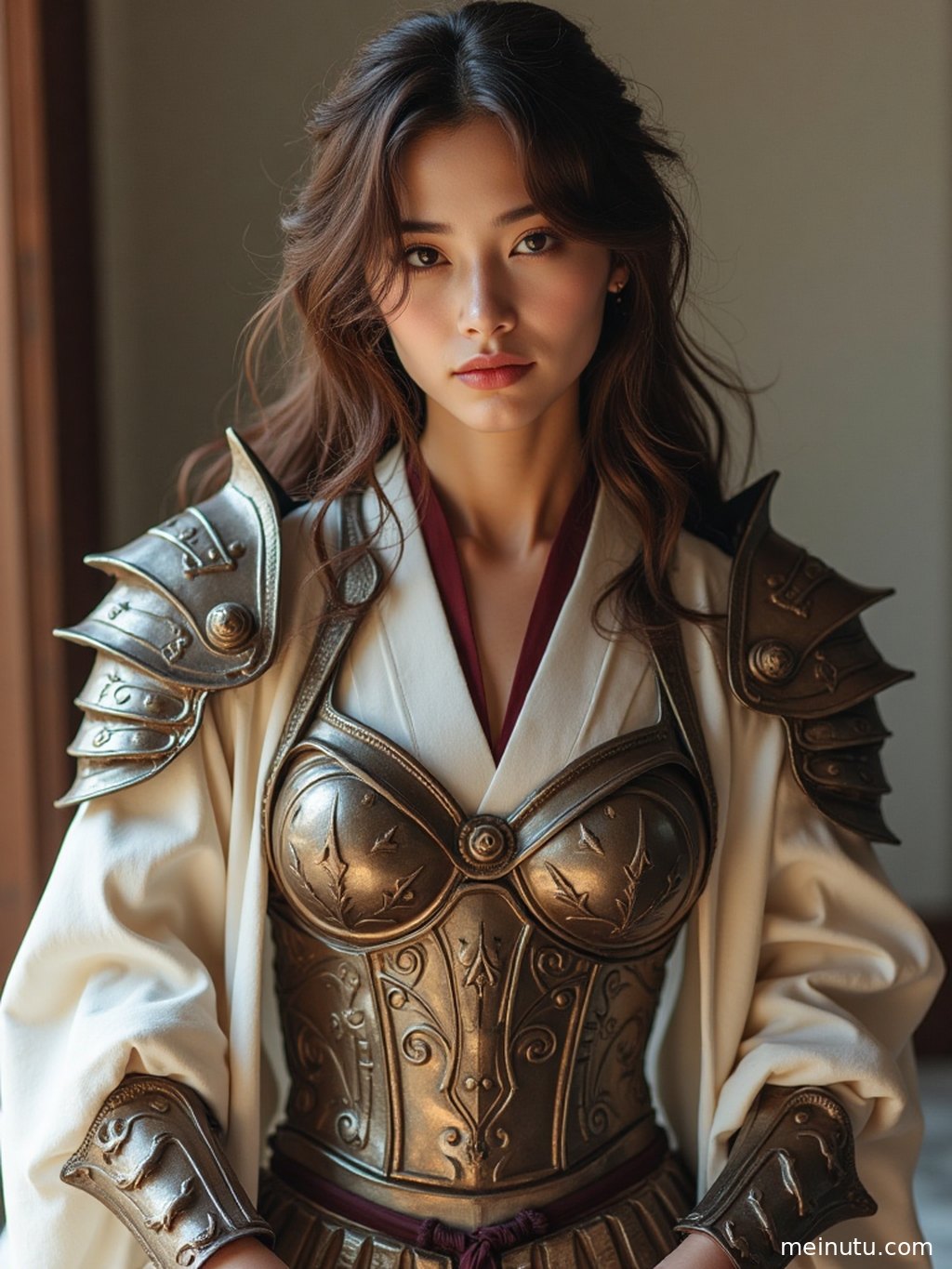 An adult Asian model stands in a dreamy sunset scene, immersed in a refined cosplay aesthetic with soft cinematic lighting.