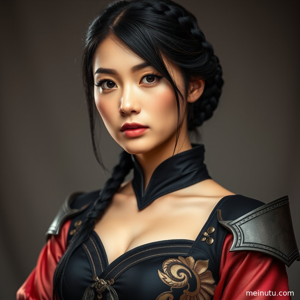 Asian adult woman cosplay photoshoot with clean background, warm lighting, and detailed costume styling.