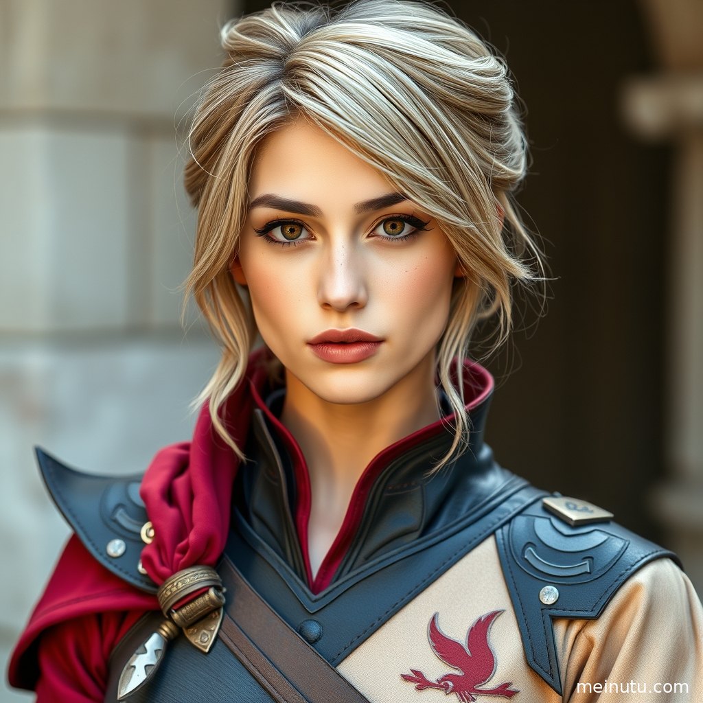 年轻成年女性身穿哈莉奎茵cosplay服装在窗边侧身回眸，电影感光影突出红蓝造型。