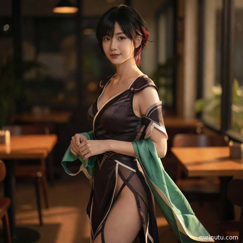 成年女性coser站在夕阳逆光里，服装细节与柔和氛围清晰呈现。