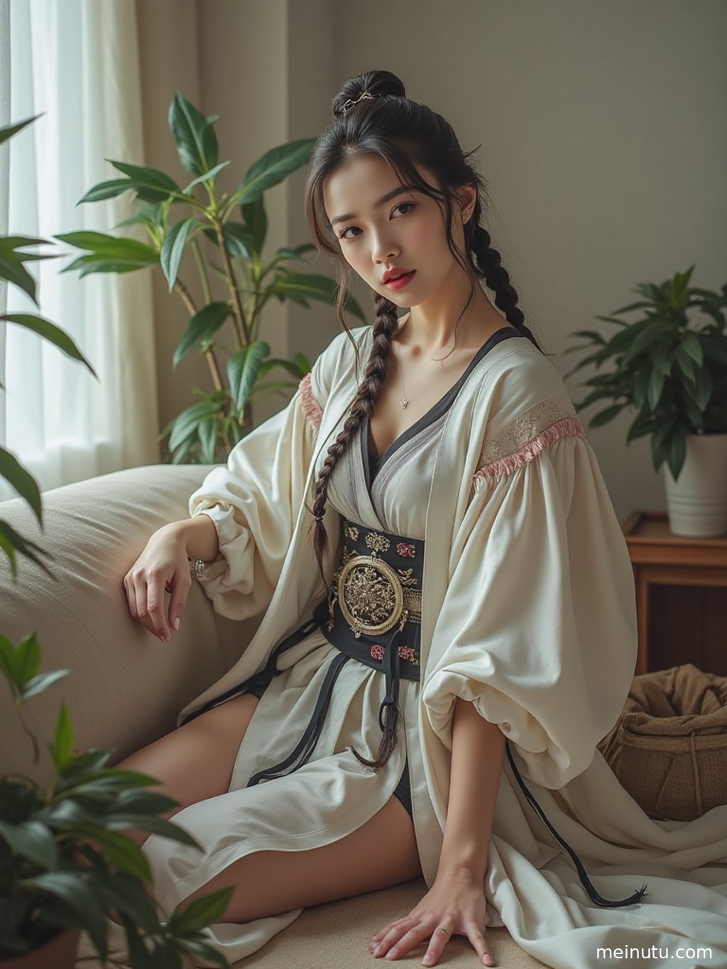 Adult woman in cosplay near a bright window, warm natural light falling across her shoulder in a calm portrait wallpaper style.