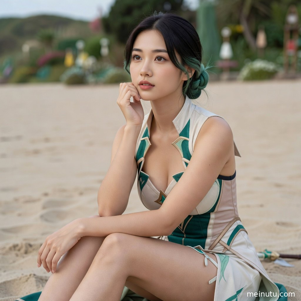 Seaside fantasy cosplay portrait highlights accessories, hair detail, and diffused beach atmosphere.