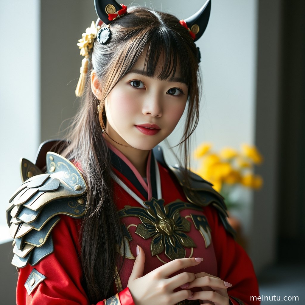 Adult woman in a cosplay portrait softly outlined by morning diffused light.