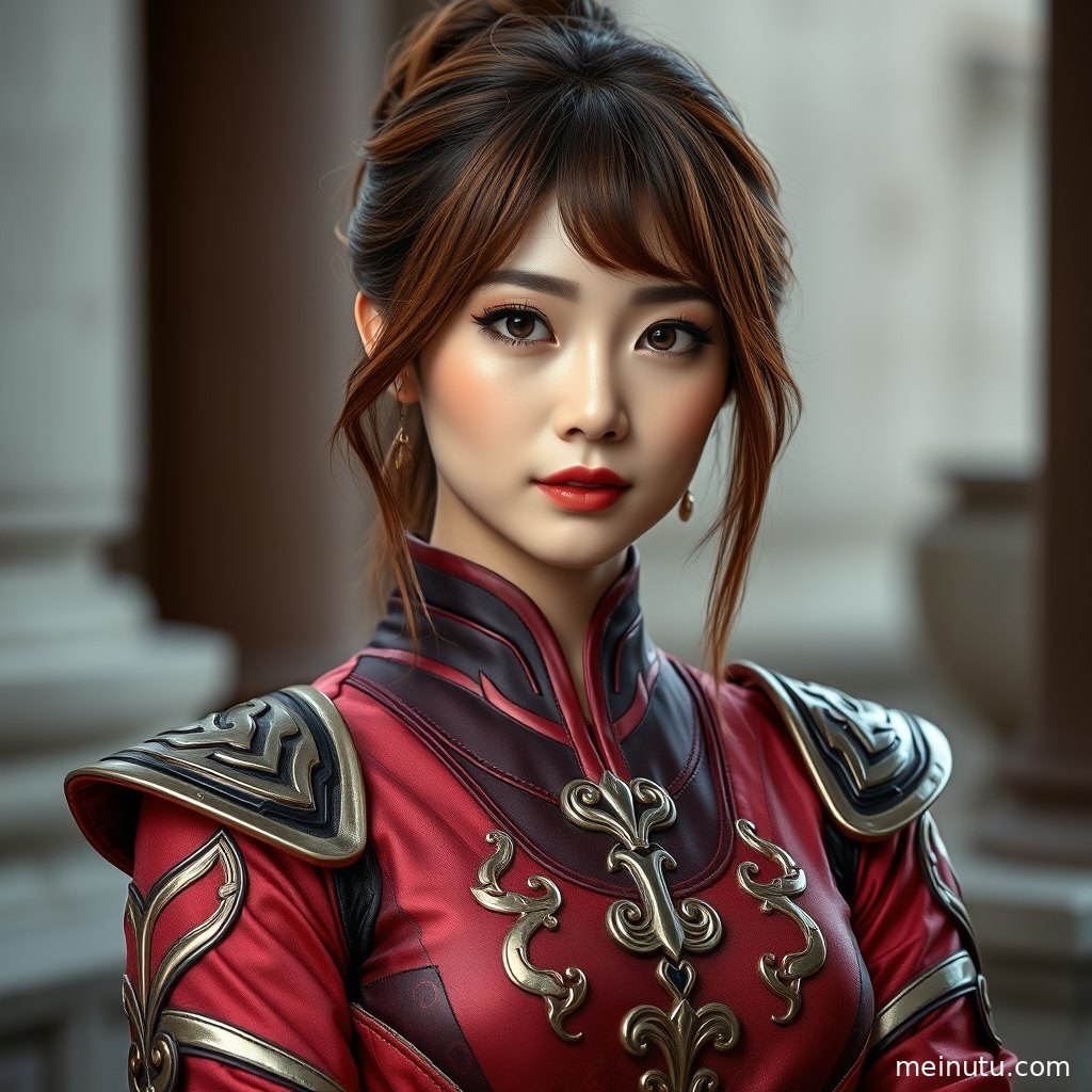 年轻成年女性演绎英雄联盟风格cosplay，室内柔光突出精致妆容与肩部服饰细节。