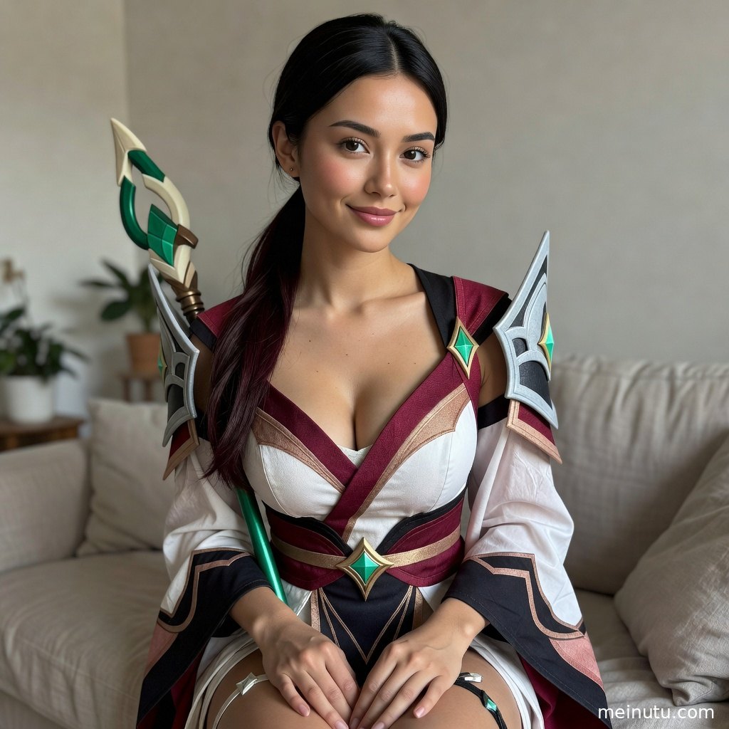 欧美美女身着女角色cosplay服饰站在庭院石径上，柔和逆光勾勒全身轮廓。