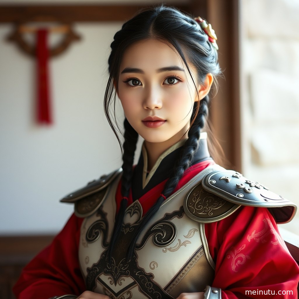 海边夕阳下，一位身着奇幻服饰的女性，眼神迷离。