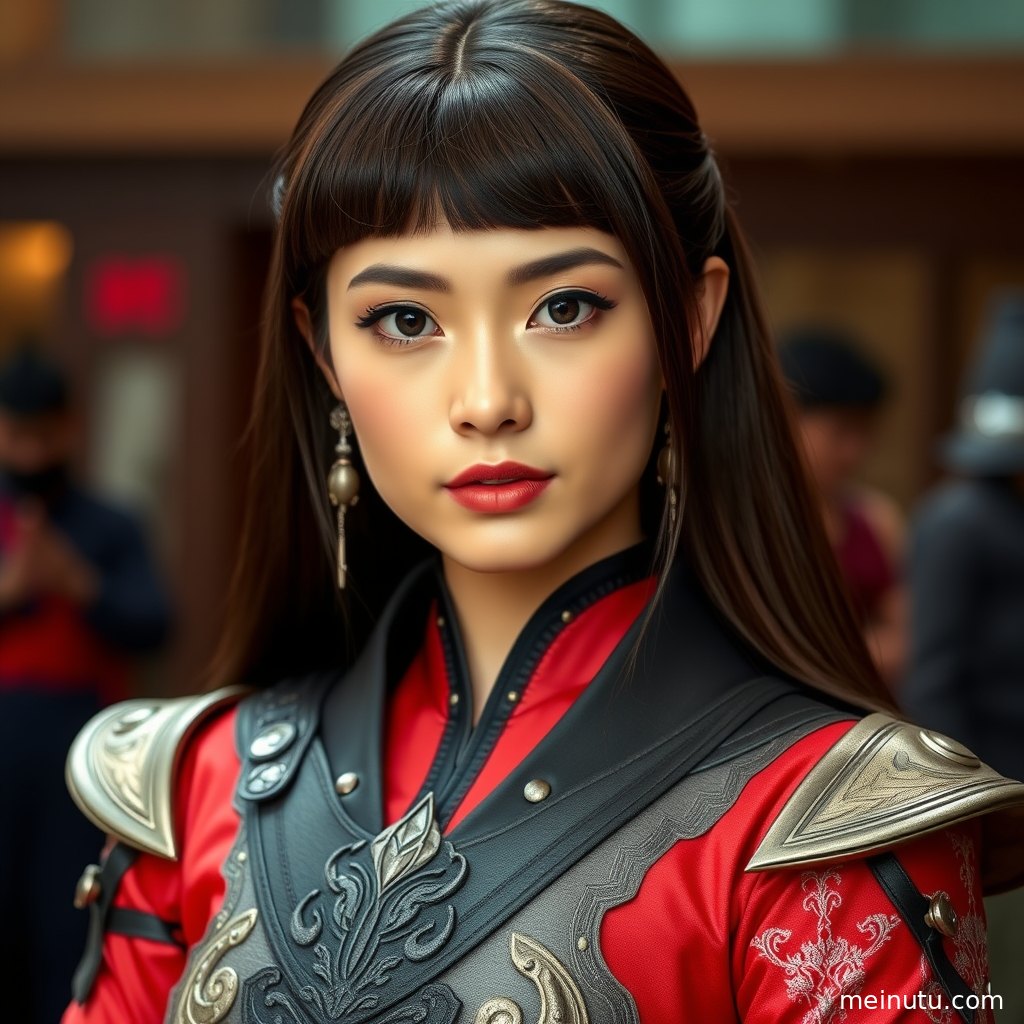 年轻成年女性穿温迪cosplay服装在黄昏阴天漫射光中俯拍出镜。