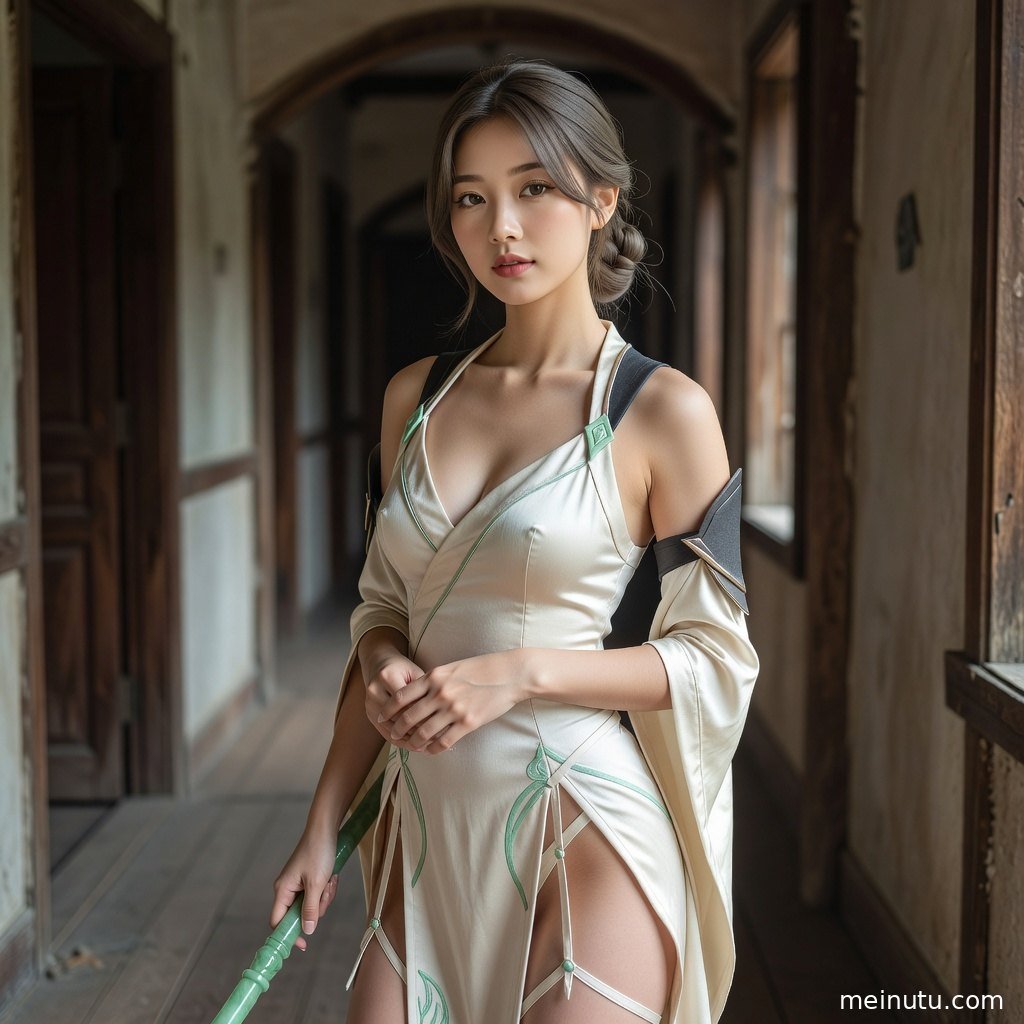 低角度拍摄的coser写真，英雄联盟cosplay服装与木质走廊形成复古氛围。