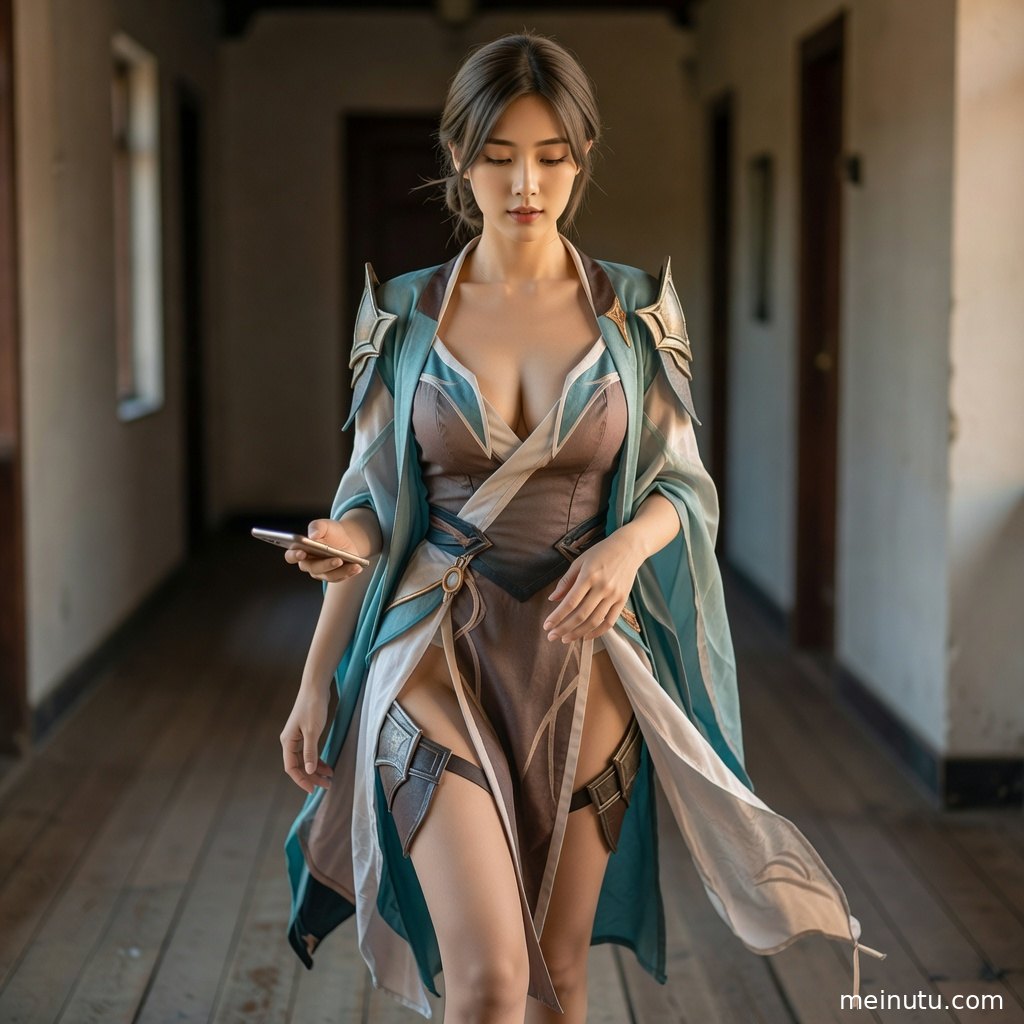 角色扮演风格COS写真，复古走廊背景衬托英雄联盟cosplay服装质感。