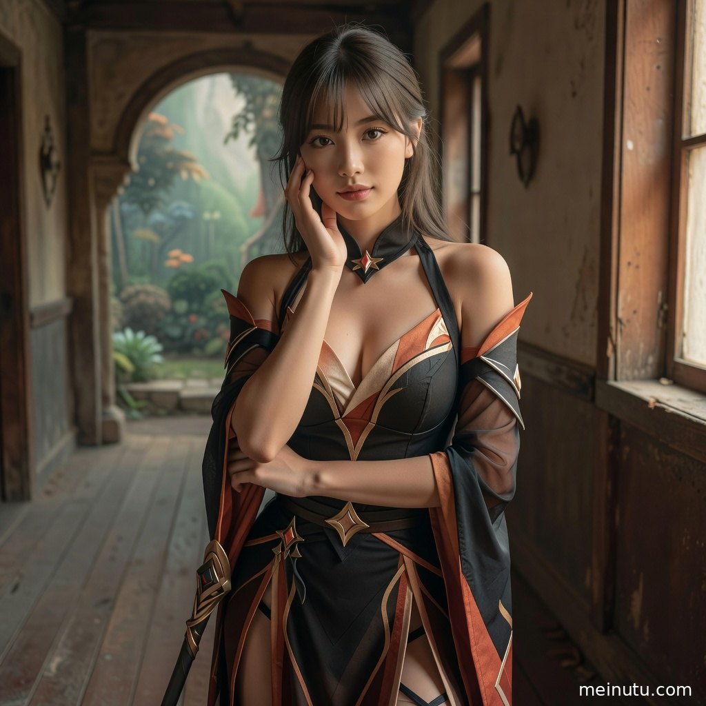 COS写真人物倚靠走廊墙面，暖色光影呈现安静而有故事感的画面。