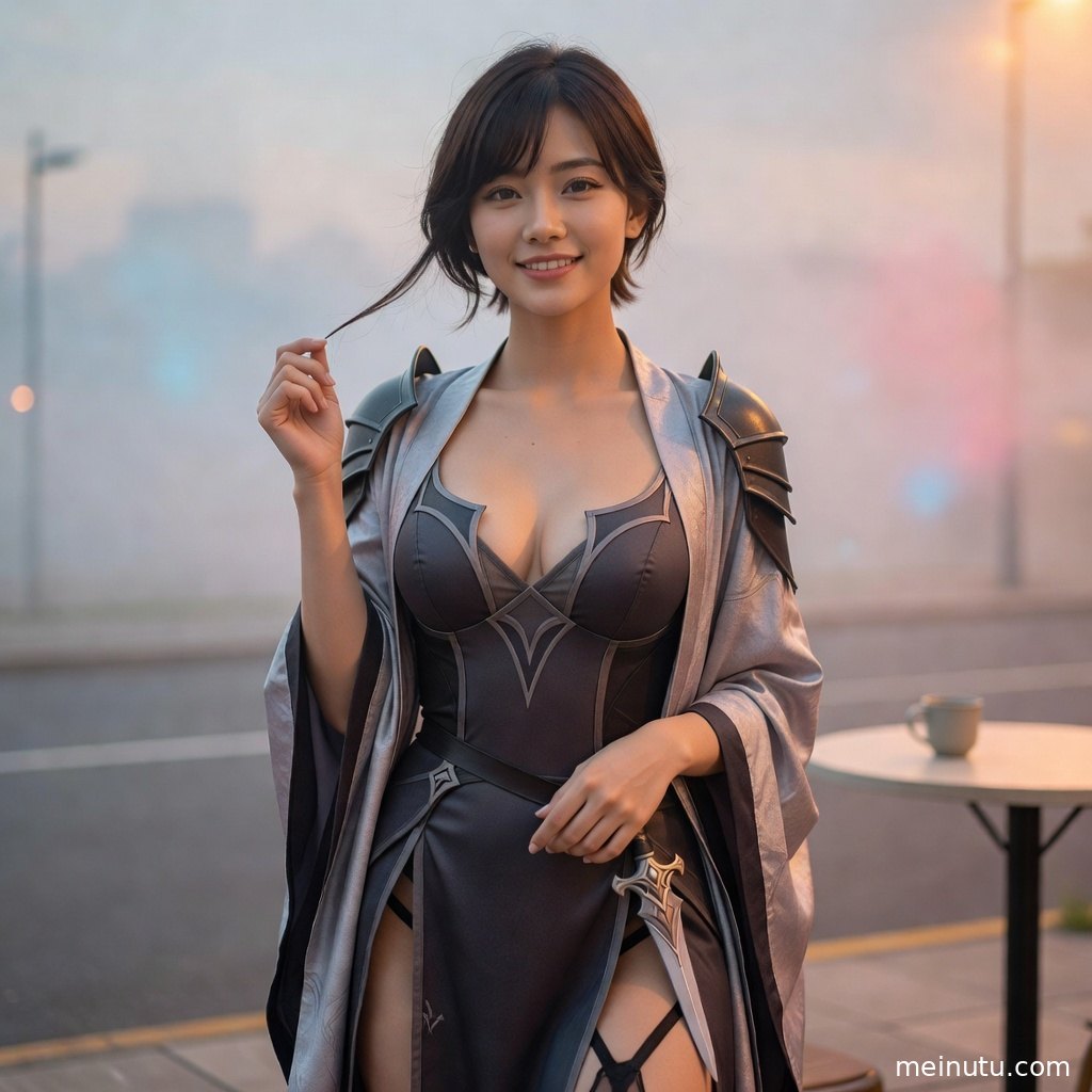 原创cosplay写真采用俯拍构图，突出女性模特的服饰线条、精致妆容与柔和灰调背景。