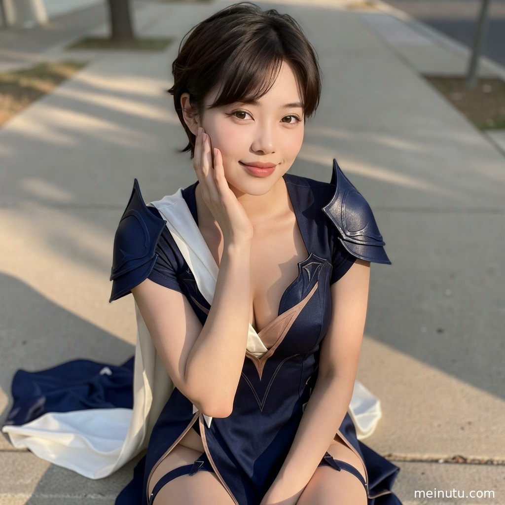 cosplay美女在干净棚拍空间中展示利落姿态，阴天漫射光让画面呈现细腻质感。