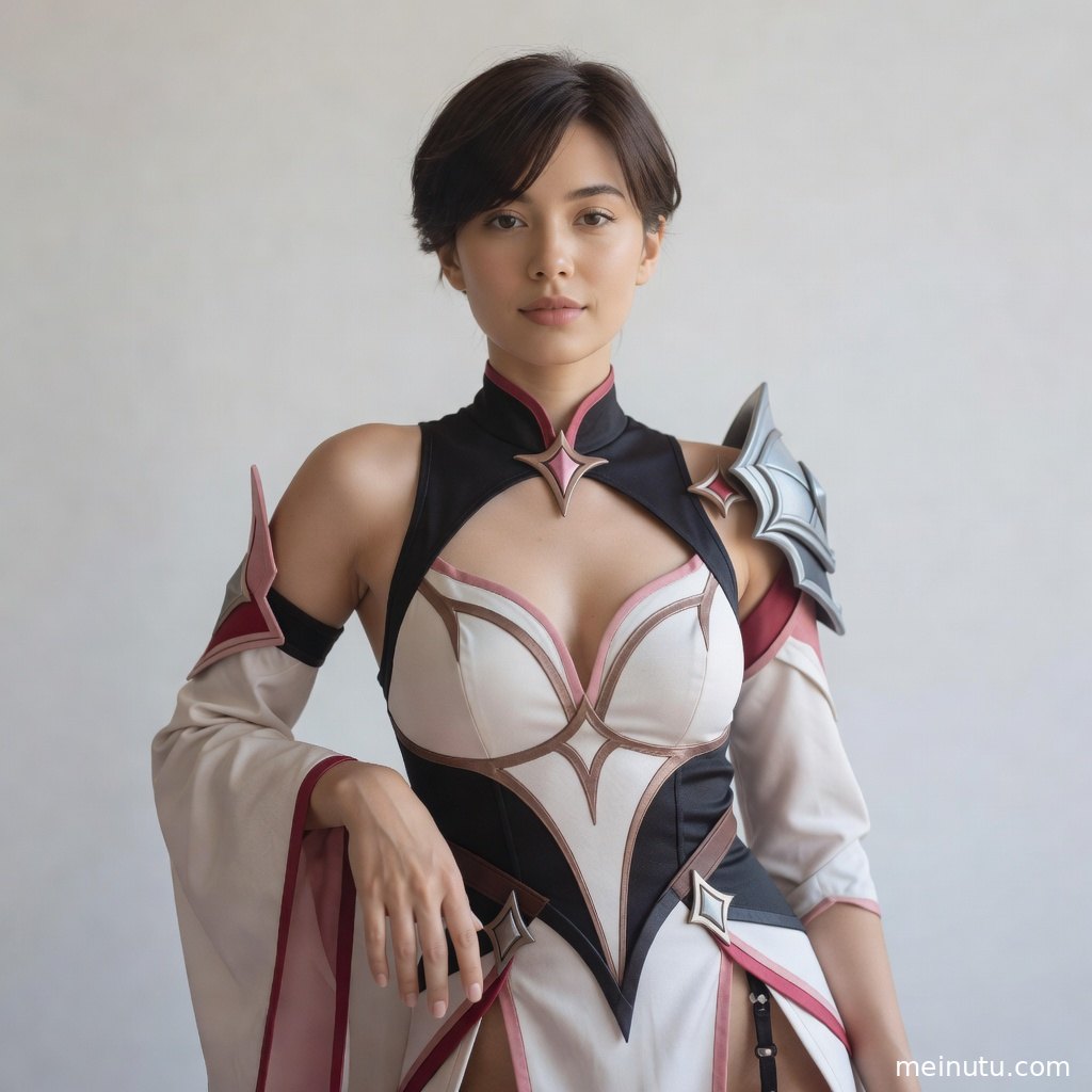 极简COS写真以留白背景和半身构图表现欧美风情，适合作为高清壁纸与角色造型参考。