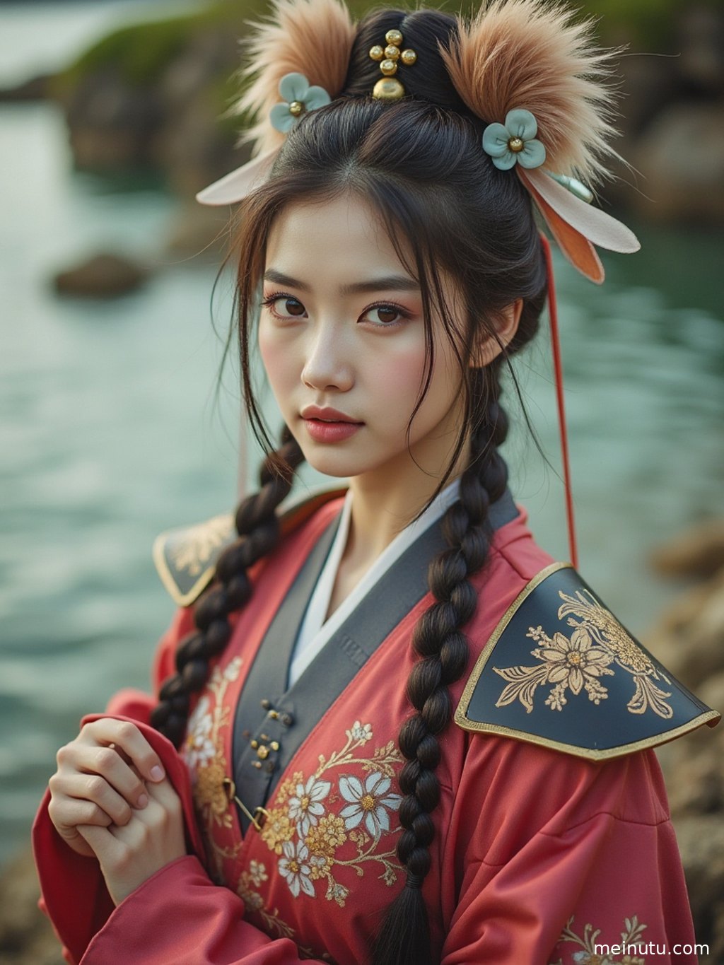 近景特写，突显原创cosplay服装的精美细节与女性模特的迷人气质。