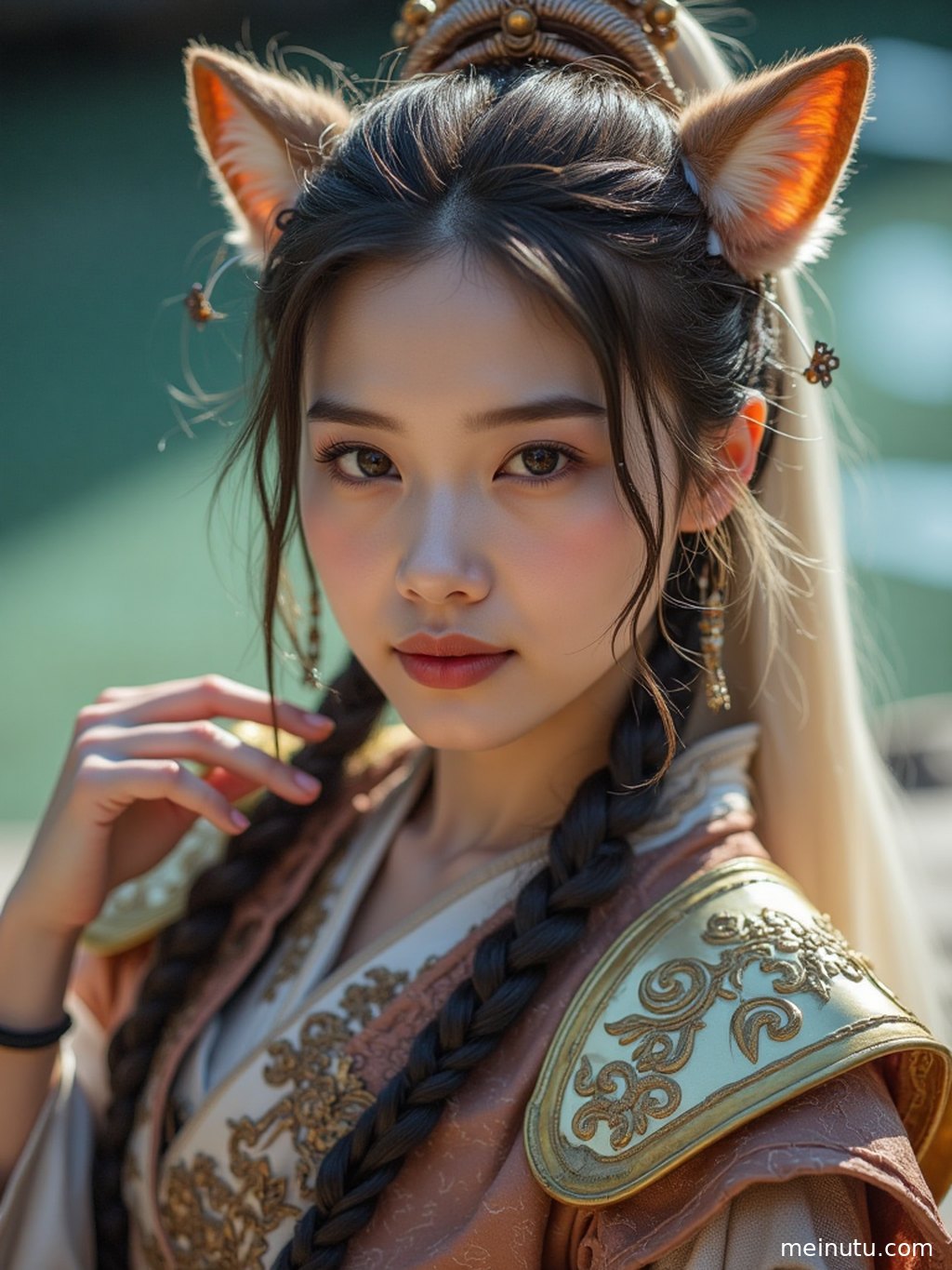远景镜头捕捉整体氛围，女性角色与梦幻背景完美融合，画面如画。