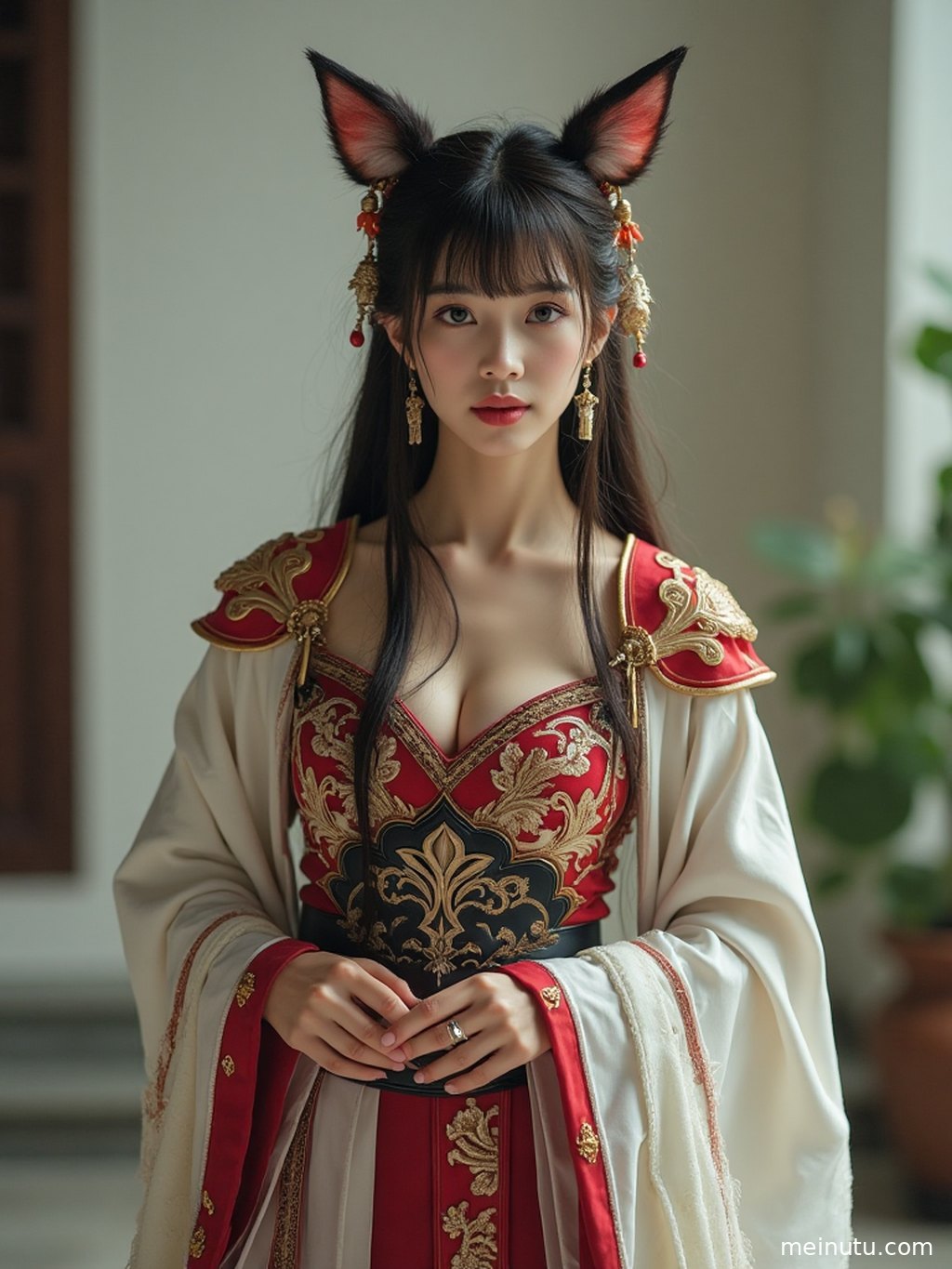 An elegant woman in an ancient-style setting, adorned in intricate attire with an extraordinary aura.