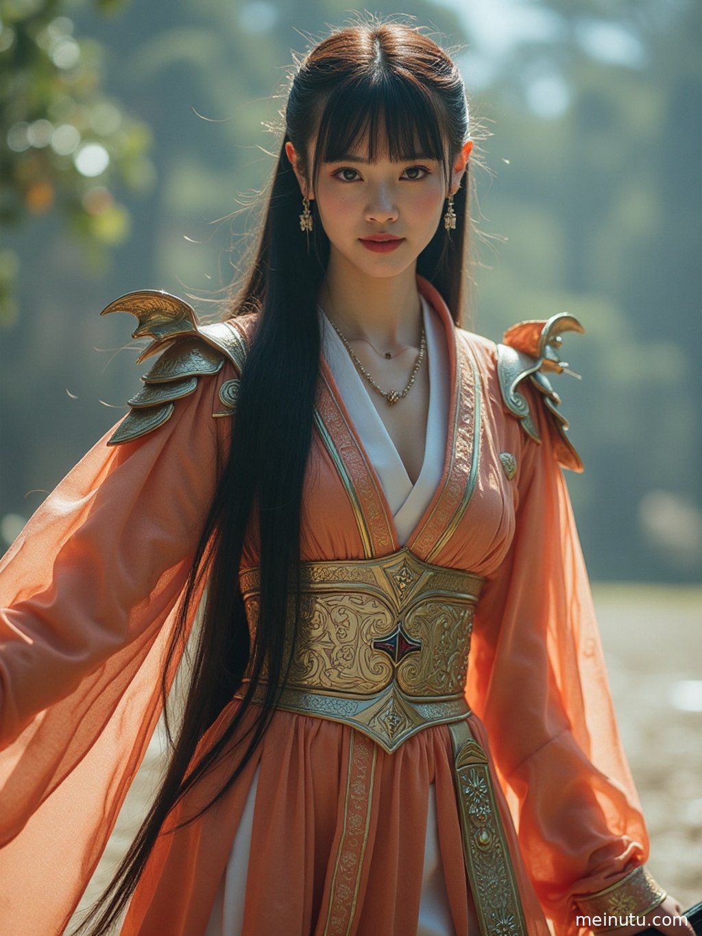 Delicate lighting captures the texture and design of the female character's costume.