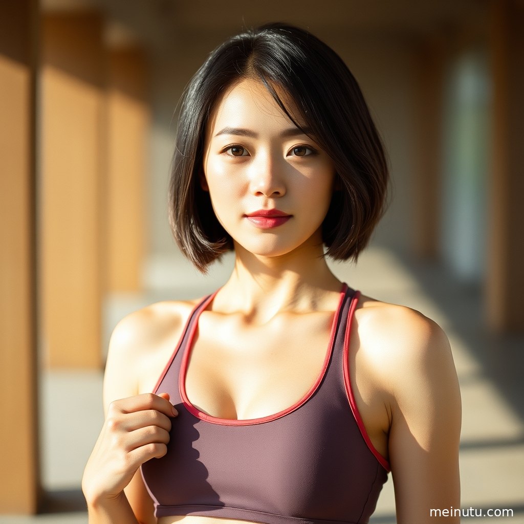 Close-up fitness portrait showing white yoga wear texture, natural skin glow, and gentle indoor shadows.