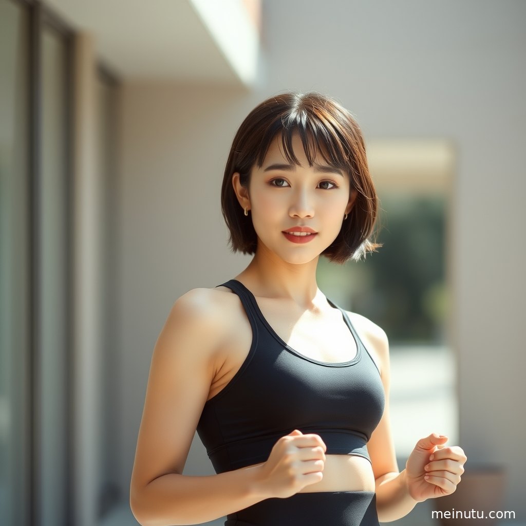 Adult asian model practicing yoga under diffused overcast light with a calm focused expression.
