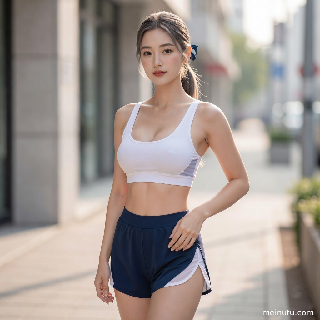 城市街拍场景下的瑜伽姿态，画面展现马甲线与健身美感。