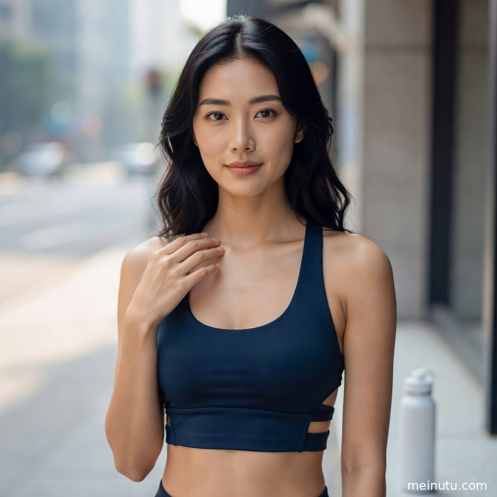 街拍视角记录成年女性晨练片刻，明亮高光与城市背景呈现健身美女风格。