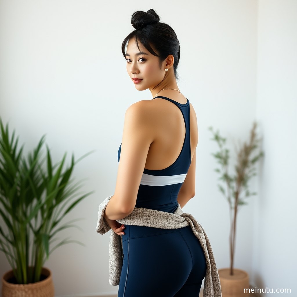 An adult asian woman in a plus-size yoga outfit stretches beside a sunlit window, with cinematic light shaping her confident pose.