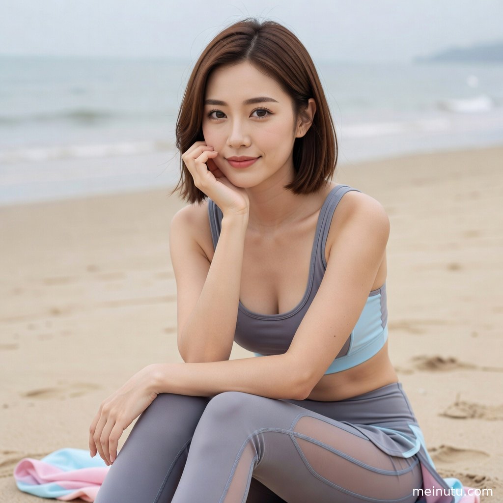 海边漫射光下的凡圣瑜伽服写真，成年女子以舒展姿态呈现运动写真氛围。