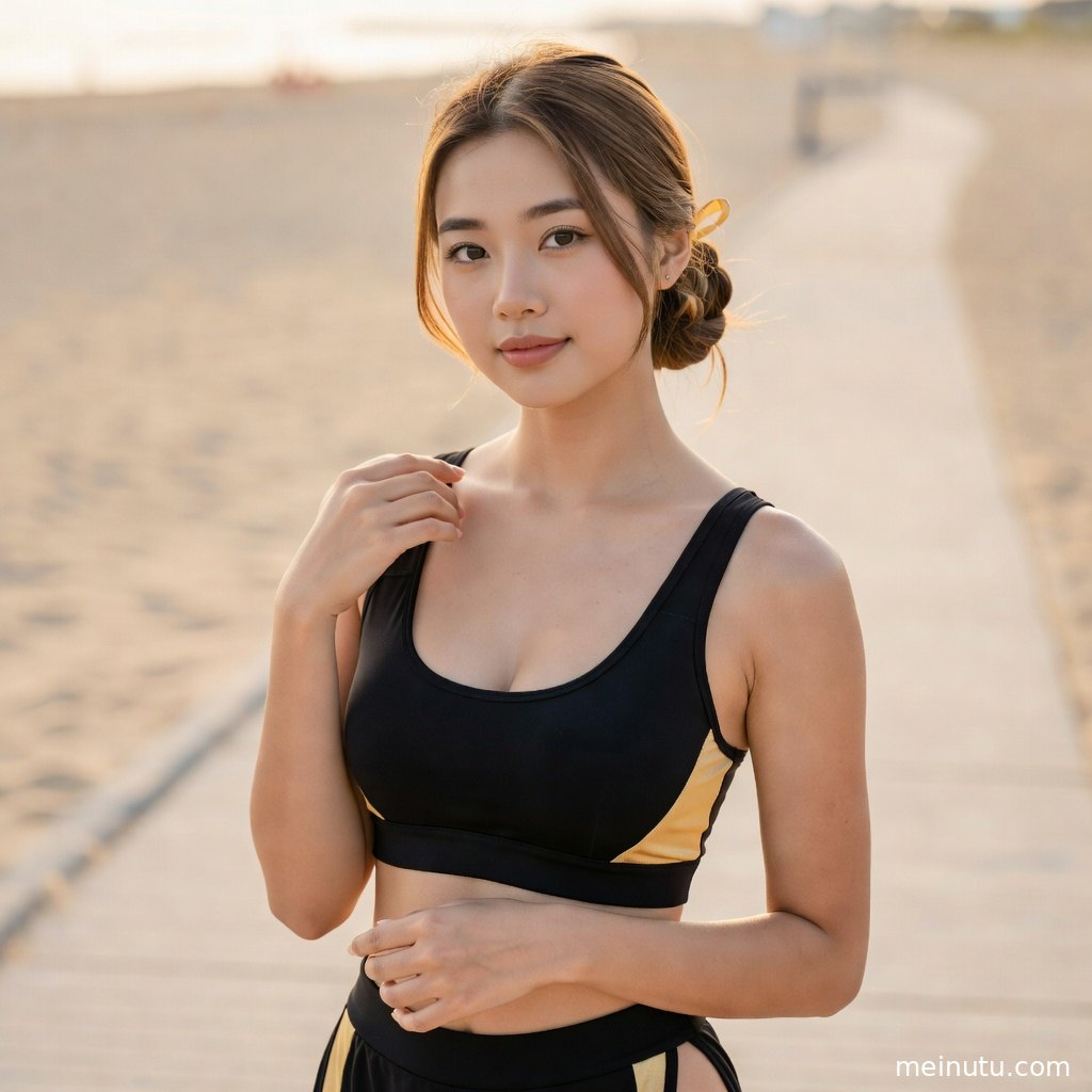 健身美女展示马甲线与力量线条，柔和逆光营造海边运动写真氛围。