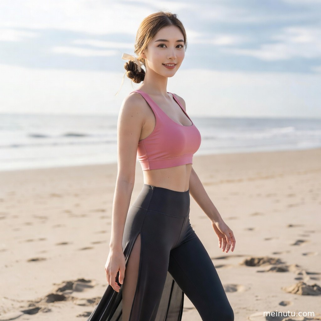 海边健身房训练图集中，女性模特穿运动服完成拉伸动作，画质细腻通透。