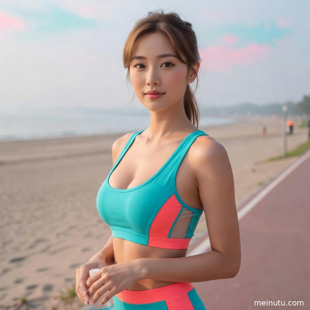 Seaside portrait wallpaper of an adult asian fitness model stretching in a one-piece yoga outfit.