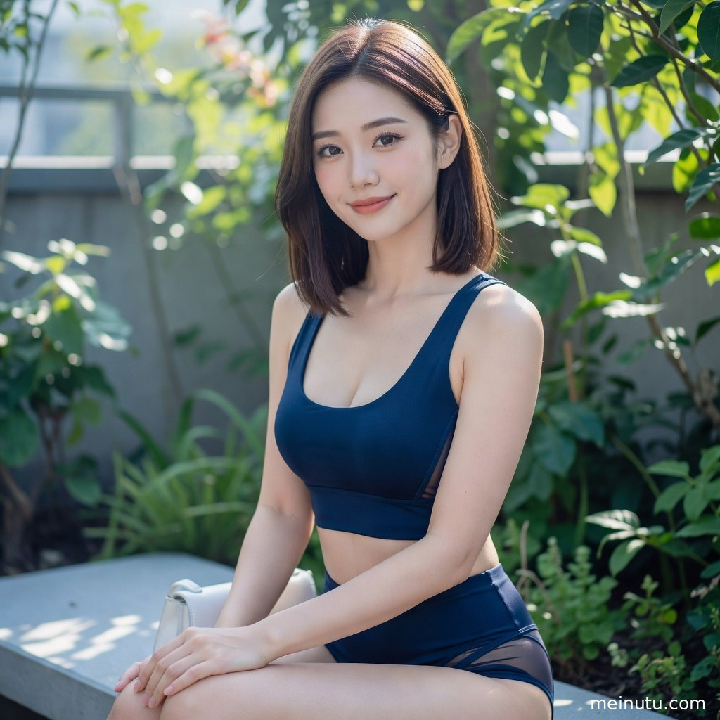 亚洲健身美女在绿植花墙前舒展身体，贴身运动服呈现清新运动写真质感。