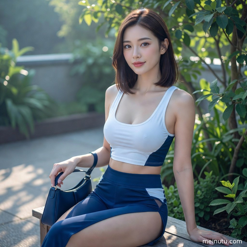 瑜伽美女于花园草地做轻柔拉伸，全身构图突出马甲线与自然光影。