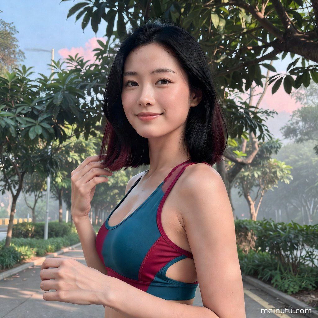 绿植背景下的健身美女运动写真，瑜伽服线条清爽利落。