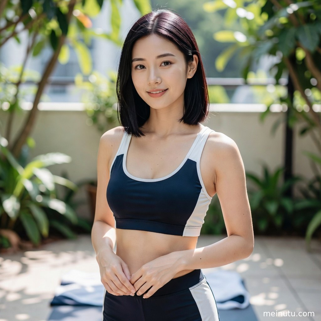 柔和阳光勾勒瑜伽美女侧身轮廓，呈现舒展体态与马甲线细节。