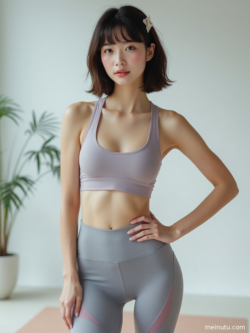 Cinematic garden portrait of an adult Asian fitness model in yoga wear, blending calm energy with athletic elegance.