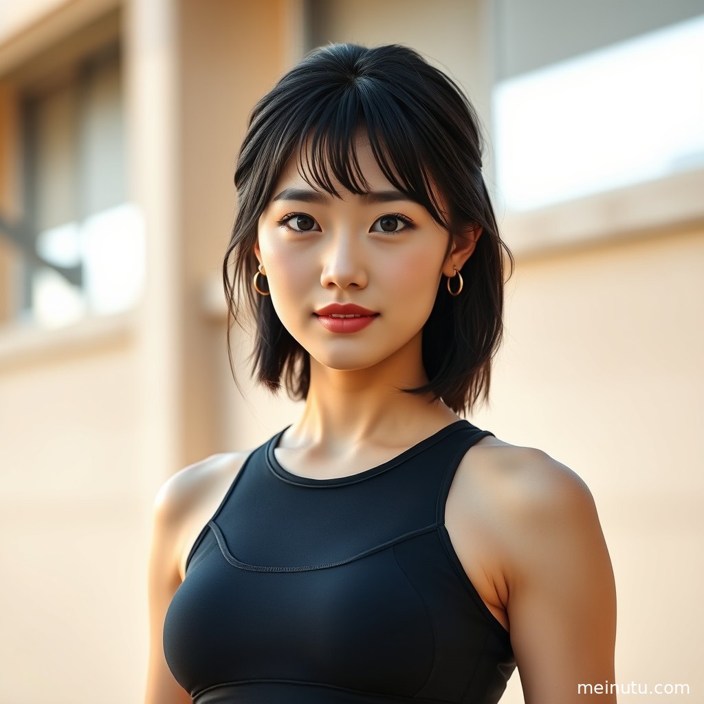 瑜伽服工厂内的成年女子侧身回眸，衣架与布料背景呈现高清运动写真氛围。