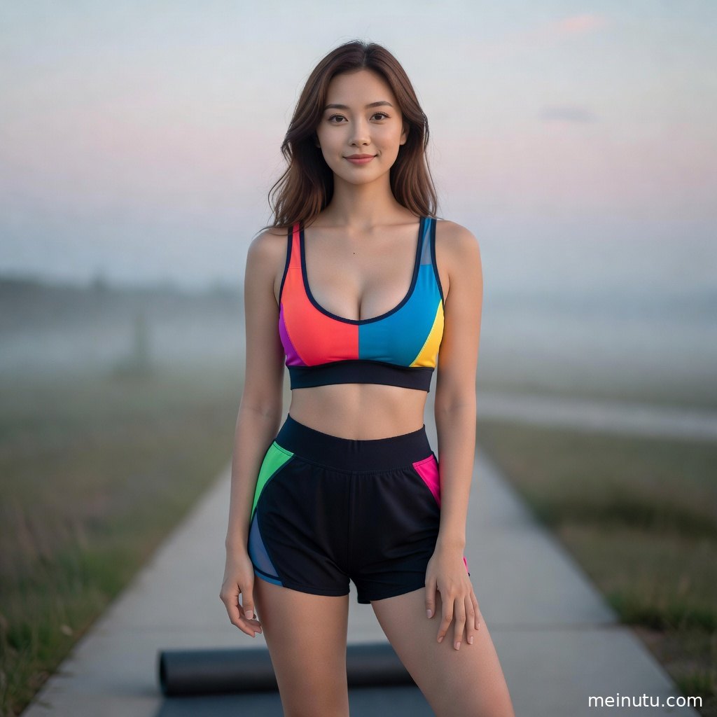 成年女性在工业车间通道中展示瑜伽服造型，阴天漫射光衬托清爽健身风与布料质感。