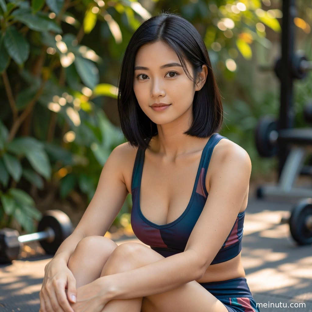 年轻成年女性在绿意背景下摆出侧身姿态，高清画质呈现运动服纹理与光影层次。