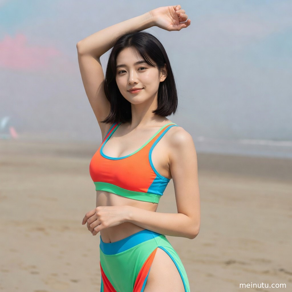 Fitness model photos showing an adult asian woman in a workout set under bright coastal sunlight.