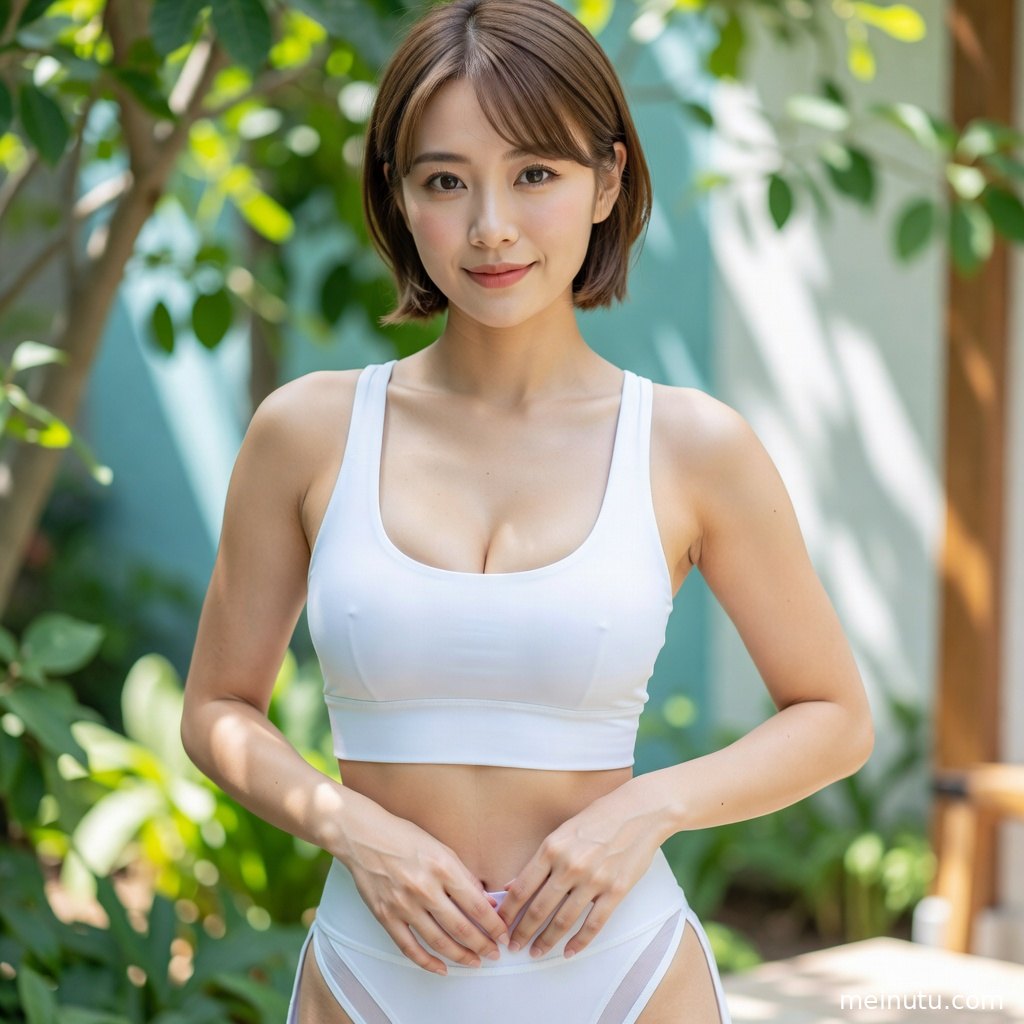 年轻成年女性花园健身写真特写，柔和高光与马甲线细节呈现高清壁纸感。