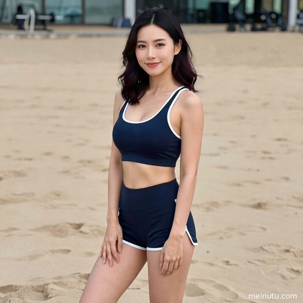 阴天柔光下的瑜伽美女近景细节，贴身运动服写真展现利落剪裁和海风氛围。