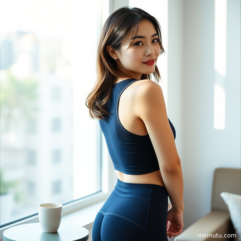 An adult asian woman wearing a light yoga jacket in soft morning light, showing a calm fitness girl look.