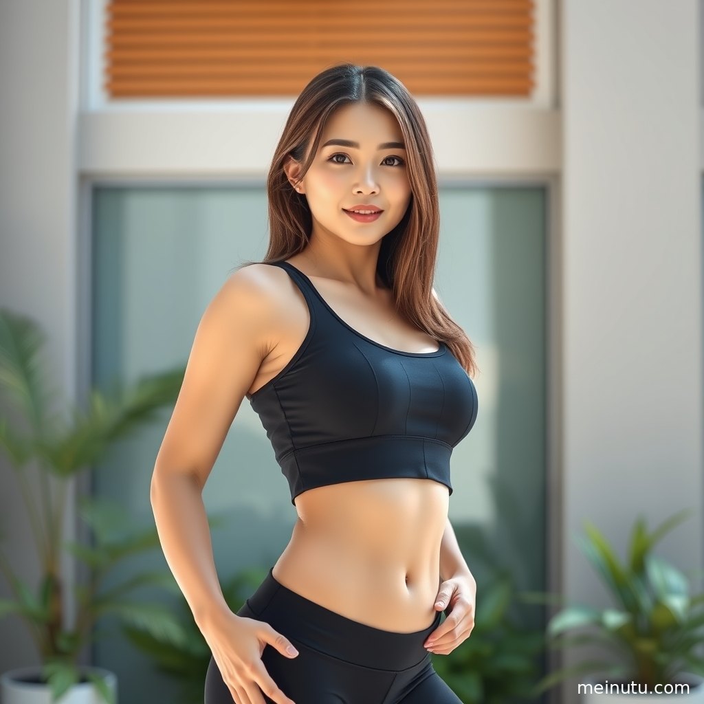 夏日瑜伽服运动写真中，成年女子以舒展动作呈现清爽马甲线。
