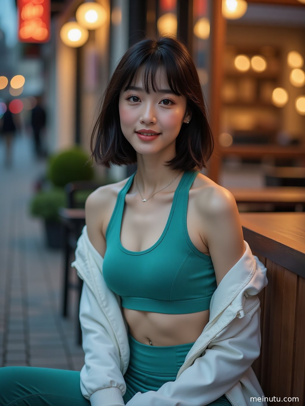 Sunlit courtyard portrait of an adult woman showcasing sleek yoga activewear, soft shadows, and relaxed outdoor fitness style.
