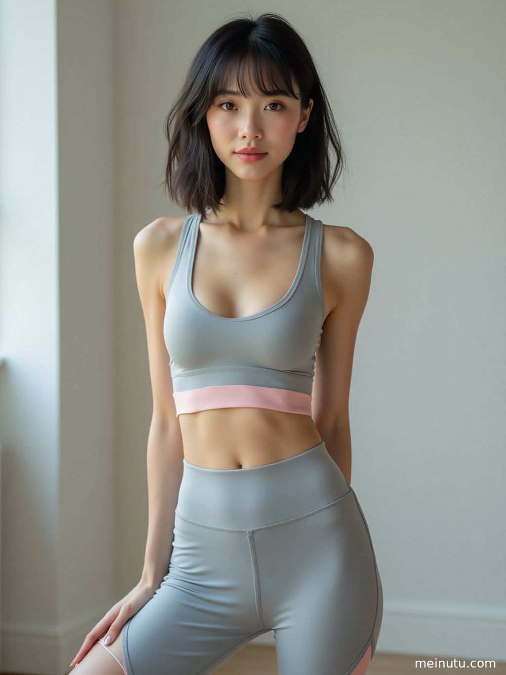 Low-angle fitness model photo of an adult asian woman in fitted yoga wear, surrounded by greenery and warm natural light.
