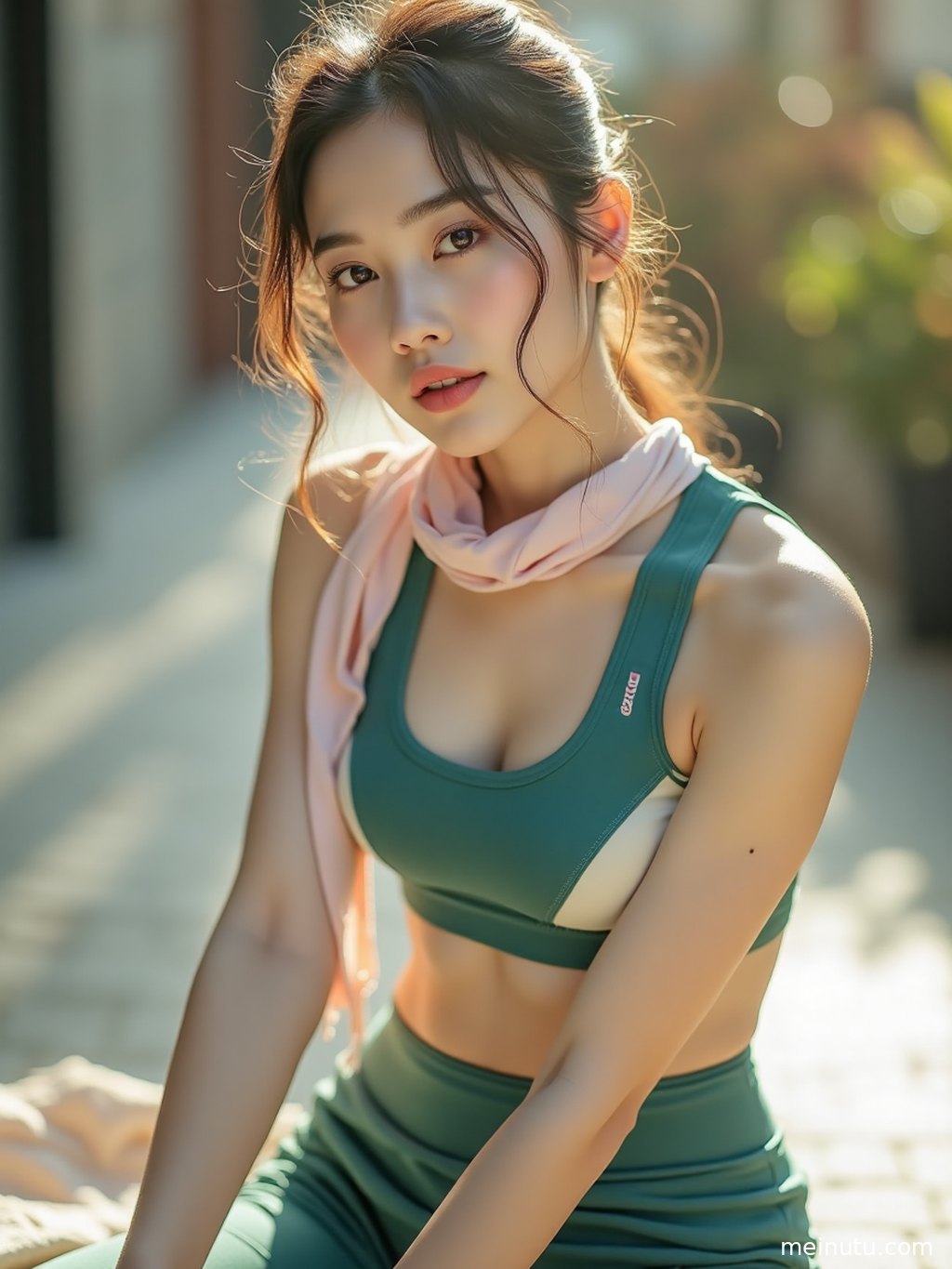Adult asian woman wearing yoga activewear stretches gracefully in a vintage corridor, with soft light outlining a healthy fitness silhouette.
