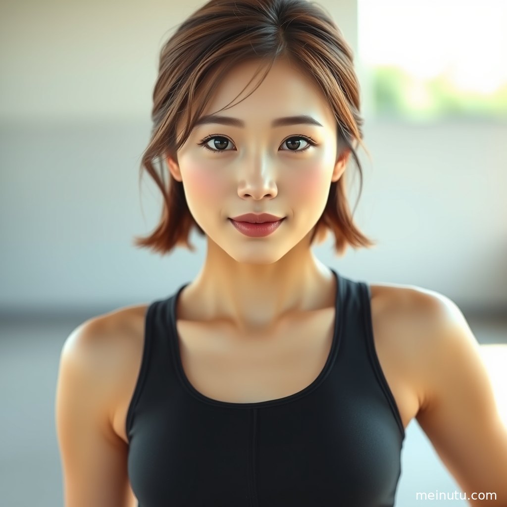 自然光下的健身美女半身构图，瑜伽服质感与城市步道背景形成简洁画面。