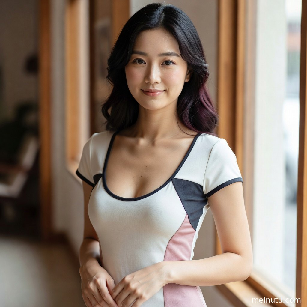 高清成都美女街拍图集画面，窗边环境营造清新活力的生活感人像。